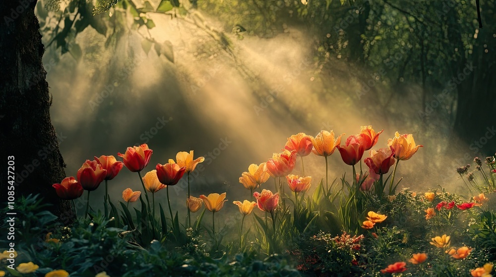 Obraz premium Close-up of red and yellow tulips surrounded by mist, creating a soft, enchanting morning scene in the garden