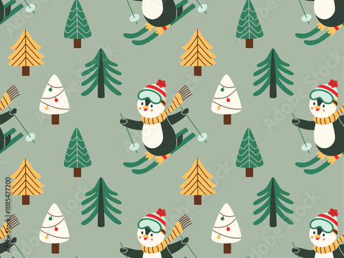 Seamless Christmas pattern with skiing penguins, decorated trees, and snow in flat style. Ideal for holiday wrapping paper, fabric, and winter-themed projects.