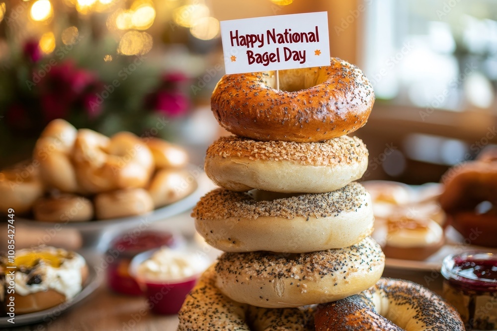 A creative stack of bagels forming a tall tower with different flavors, topped with a small Happy National Bagel Day flag, surrounded by spreads like cream cheese and jam. Bright, festive lighting. A creative stack of bagels forming a tall tower with different flavors, topped with a small Happy National Bagel Day flag, surrounded by spreads like cream cheese and jam. Bright, festive lighting.