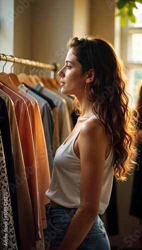 A young woman with long dark hair browsing through clothing racks in a store during the day photo