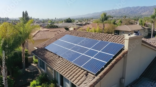 Wallpaper Mural Rooftop Solar Panels Harnessing Sunlight on a Residential House Surrounded by Trees and Mountains in a Clear Blue Sky Environment Torontodigital.ca