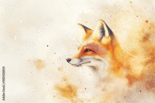 Wallpaper Mural An artistic depiction of a fox in vibrant warm hues. The fox is set against a soft watercolor background with ample copy space for creative projects. Torontodigital.ca
