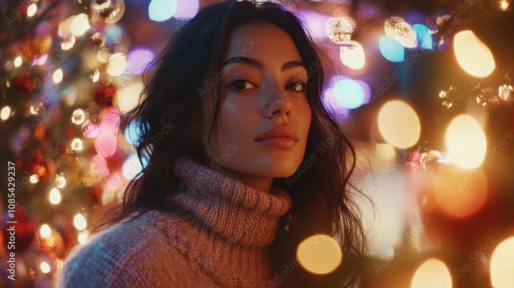 A woman in a cozy turtleneck sweater glows with poise, framed by vibrant string lights, embodying artistic charm and effortless elegance A woman in a cozy turtleneck sweater glows with poise, framed by vibrant string lights, embodying artistic charm and effortless elegance