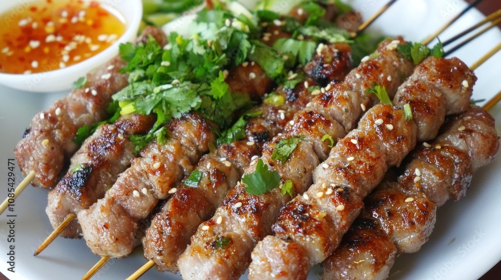 Vietnamese grilled pork skewers, served with fresh herbs, pickled vegetables, and a tangy fish sauce dip Vietnamese grilled pork skewers, served with fresh herbs, pickled vegetables, and a tangy fish sauce dip