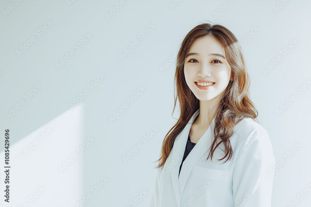 A smiling young woman with natural makeup, wearing a white shirt, posing confidently against a clean, bright background. Ideal for professional or casual themes. A smiling young woman with natural makeup, wearing a white shirt, posing confidently against a clean, bright background. Ideal for professional or casual themes.