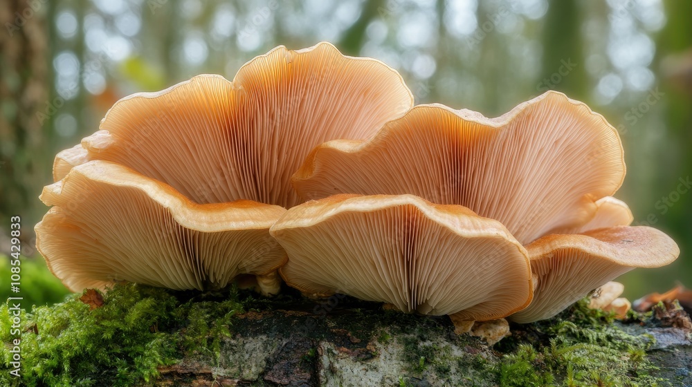 Close-up of wild mushrooms on a tree trunk, surrounded by moss and bark textures, with a blurred forest background Close-up of wild mushrooms on a tree trunk, surrounded by moss and bark textures, with a blurred forest background
