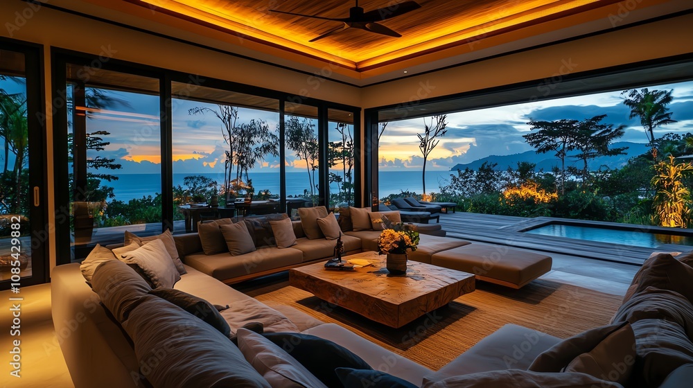 Fototapeta premium A modern living room with large windows and a view of the ocean and a swimming pool.