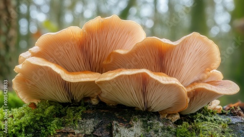 Close-up of wild mushrooms on a tree trunk, surrounded by moss and bark textures, with a blurred forest background