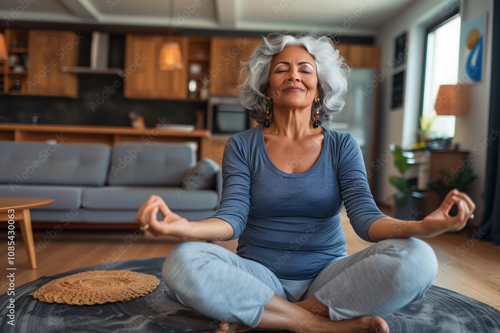 A senior Hispanic woman sits peacefully in lotus position, deeply meditating in her stylish living room. The warm atmosphere enhances her sense of calm and mindfulness A senior Hispanic woman sits peacefully in lotus position, deeply meditating in her stylish living room. The warm atmosphere enhances her sense of calm and mindfulness