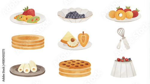 Vector illustration of a set of different types of pancakes on plates.
