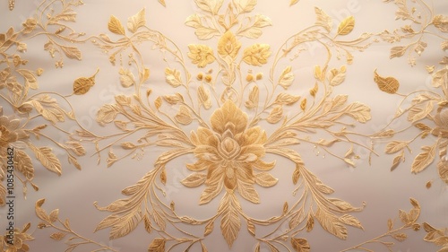 Delicate gold embroidery on a light beige fabric. Elegant floral pattern for textile design