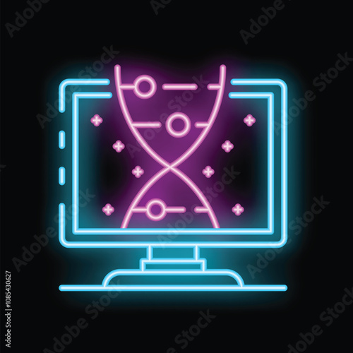 Glowing neon icon of a computer displaying a dna double helix, representing genetic research and biotechnology