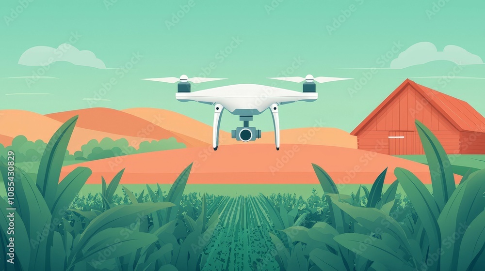Drones and AI are revolutionizing smart farming practices Concept. Drone flying over a vibrant farm landscape with crops and a barn in the background. Drones and AI are revolutionizing smart farming practices Concept. Drone flying over a vibrant farm landscape with crops and a barn in the background.