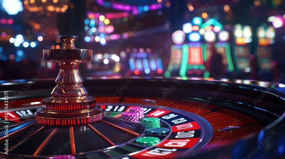 Close-up of roulette table numbers and chips, with a lively casino floor in the background Close-up of roulette table numbers and chips, with a lively casino floor in the background