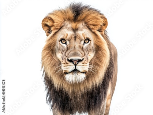 Portrait of a majestic lion isolated on white background. His expressive eyes gaze forward, capturing the powerful grace of this African predator