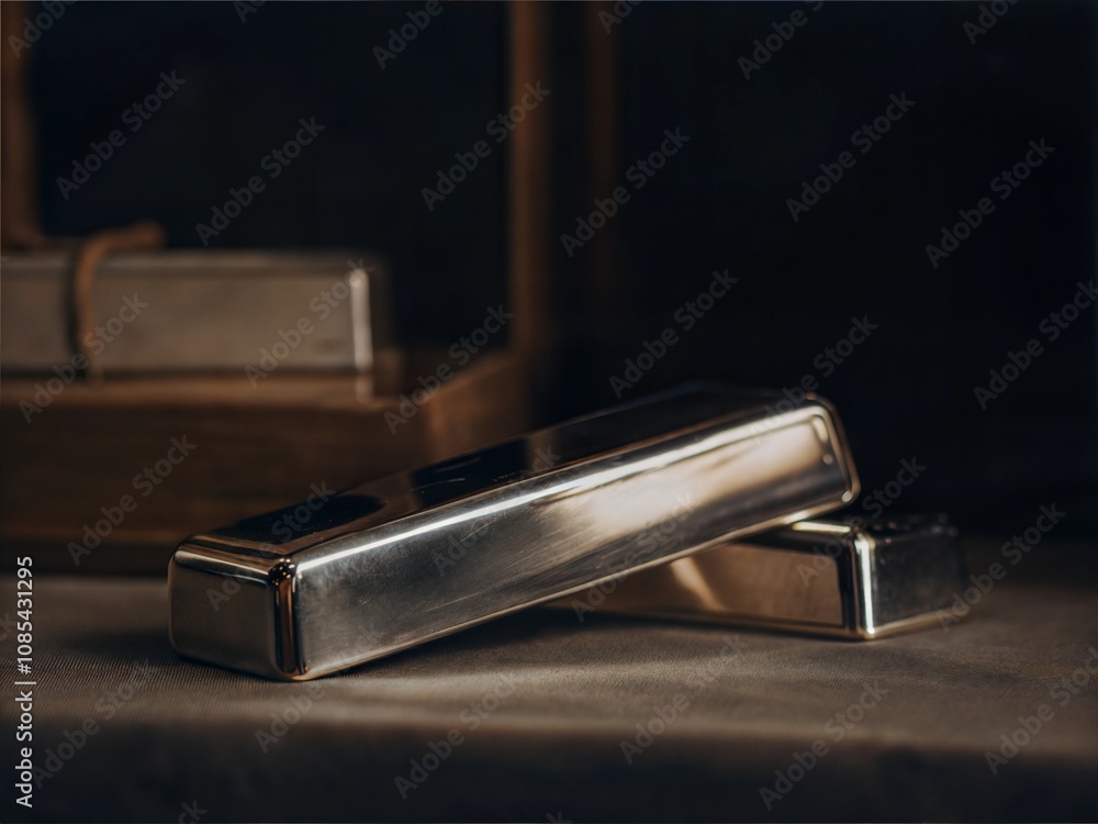 Silver Bar on Reflective Surface Silver Bar on Reflective Surface