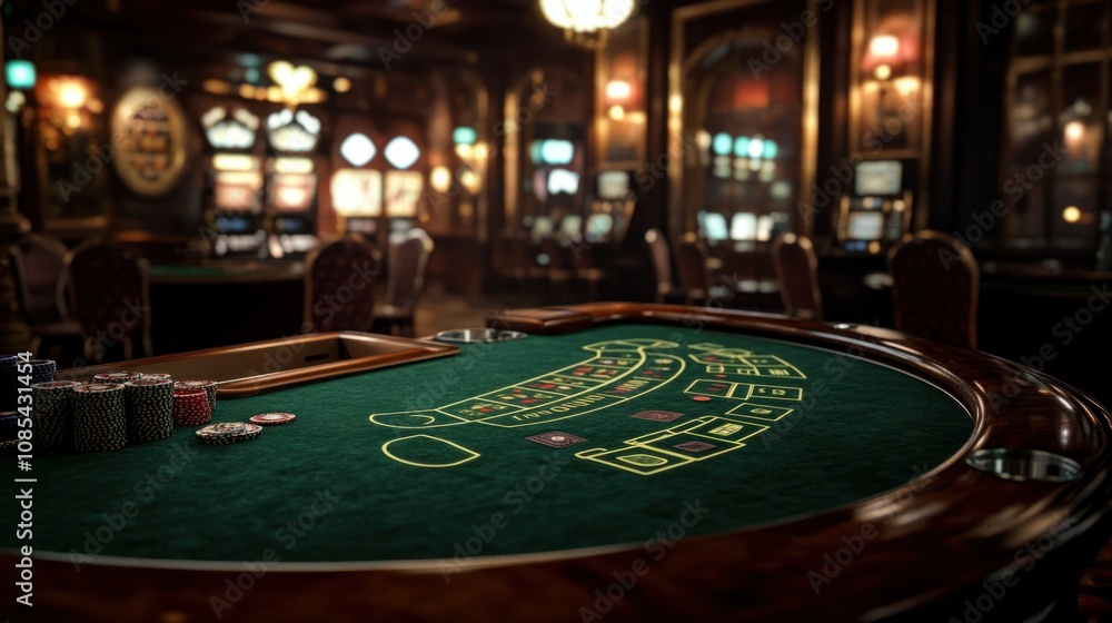 Elegant poker room with a green felt table, chips, and cards, set against a sophisticated casino setting Elegant poker room with a green felt table, chips, and cards, set against a sophisticated casino setting