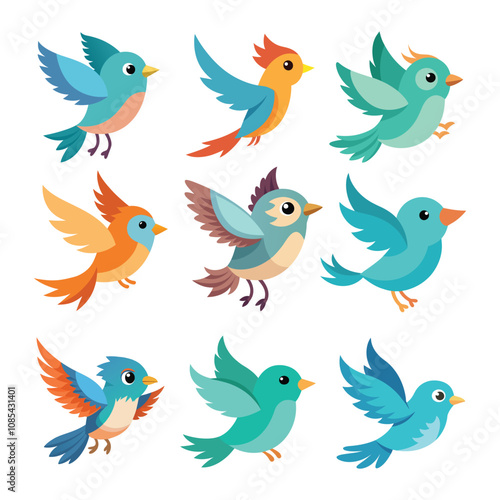 Set of cute flying little colorful cartoon birds vector art illustration on a white background 
