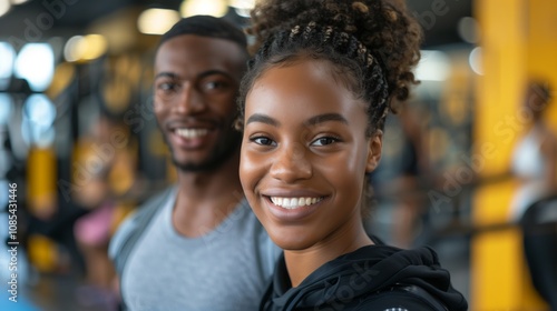 A fitness coach and partner pose together in a gymnasium, smiling warmly at the camera. Their inviting demeanor reflects joy and teamwork in a health-focused environment