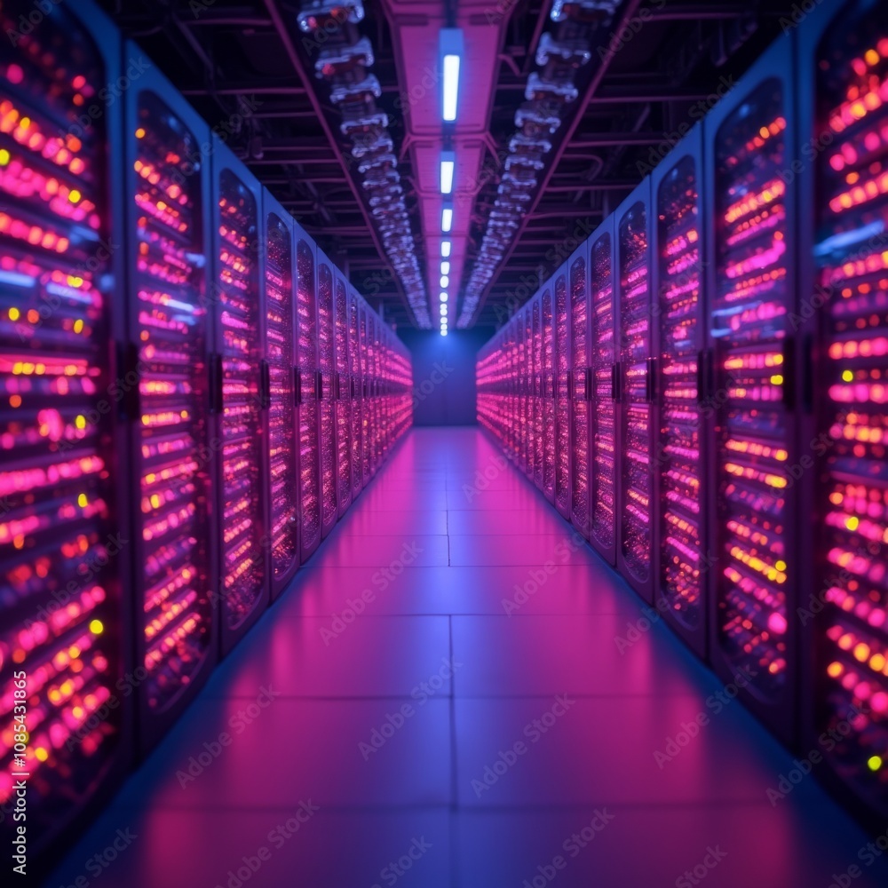 Fototapeta premium Vibrant Data Center: The Glow of Modern Technology