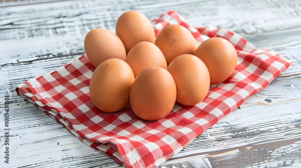 Chicken eggs on a napkins with red checkered pattern and placed on a white wooden table Chicken eggs on a napkins with red checkered pattern and placed on a white wooden table