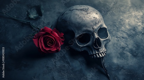 Memento Mori: A Skull and Rose in Somber Embrace AI Generated photo