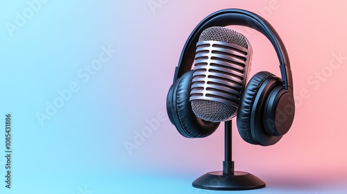 A vintage microphone with headphones around the top against a pink and blue neon background.