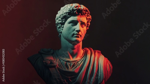 A marble bust of a man wearing a toga, illuminated by red and blue light.