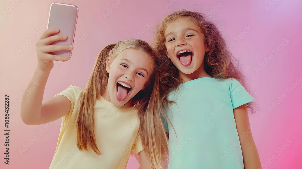 A full-body portrait of two pretty young girls, around 8-10 years old, playfully taking a selfie together. Both girls are smiling wide with their tongues A full-body portrait of two pretty young girls, around 8-10 years old, playfully taking a selfie together. Both girls are smiling wide with their tongues