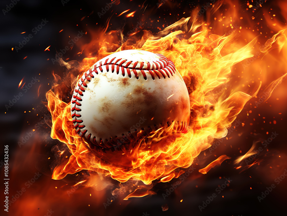 Eye catching Baseball ball in flames of fire. Conception of sports Eye catching Baseball ball in flames of fire. Conception of sports