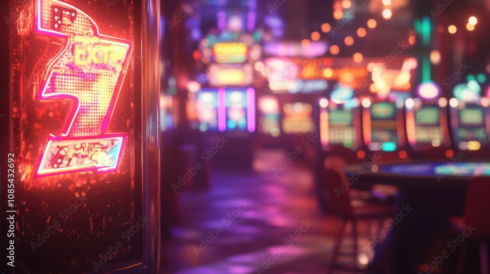 Neon casino sign glowing brightly, with blurred slot machines and tables in the background Neon casino sign glowing brightly, with blurred slot machines and tables in the background