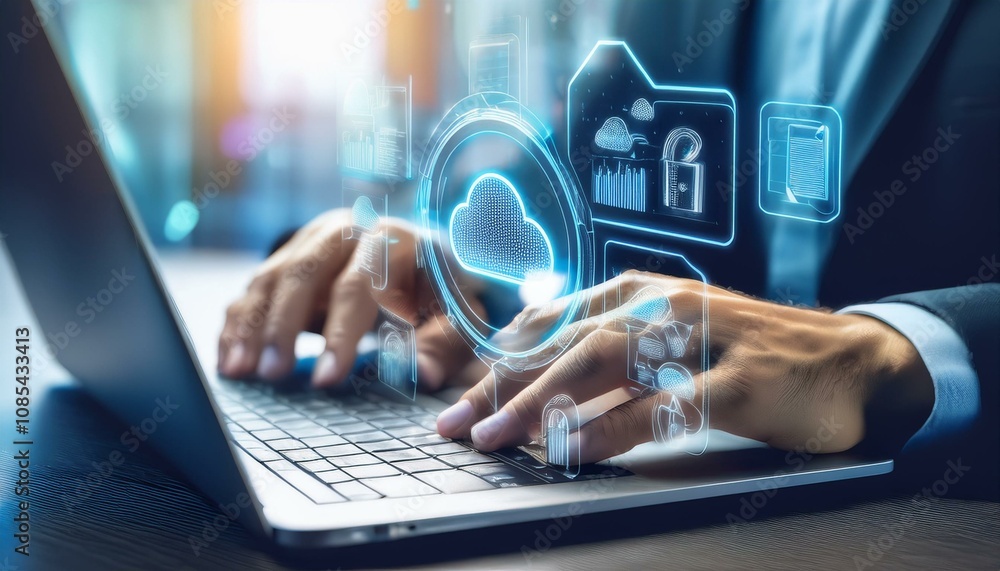 Man typing on laptop, cloud service hologram and devices sync Man typing on laptop, cloud service hologram and devices sync