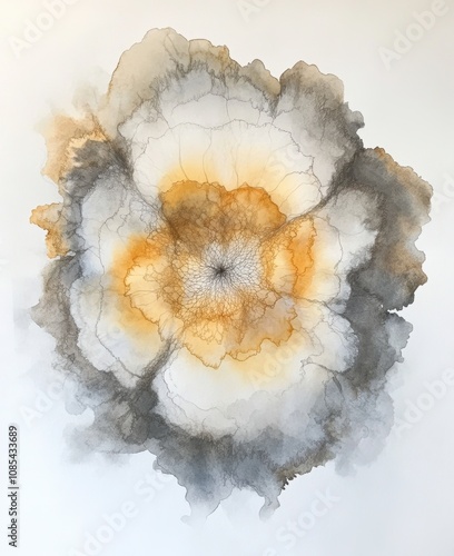 Watercolor and ink wash painting of an abstract white circular background with golden yellow and brown accents.