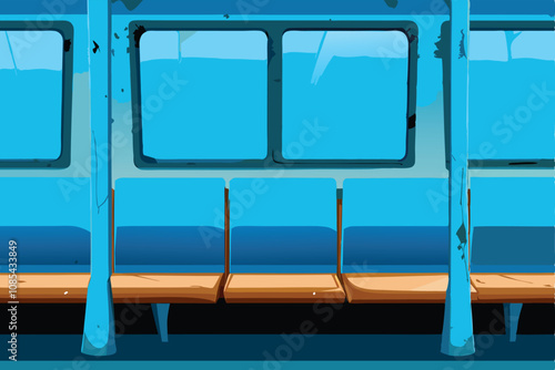 Depict a weathered, dilapidated public bus or train carriage, showing signs of neglect and disrepair, in a simple, minimalist style.  Focus on the structural decay.