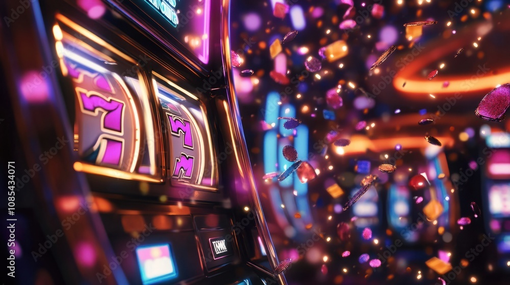 Slot machine reels spinning with colorful graphics and a buzzing casino floor in the background Slot machine reels spinning with colorful graphics and a buzzing casino floor in the background