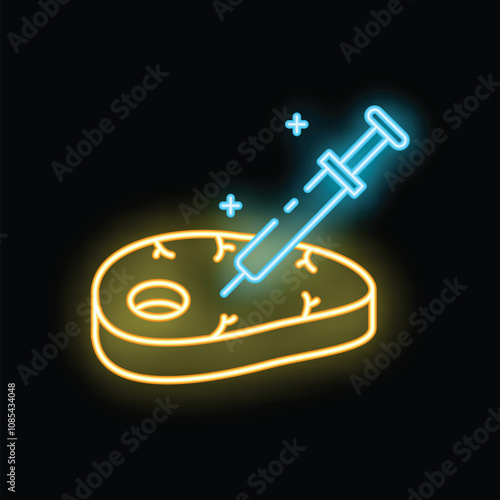Neon icon of a syringe injecting hormones or antibiotics into red meat, representing the dangers of factory farming