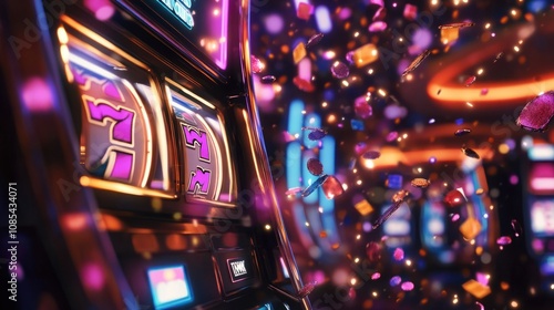Slot machine reels spinning with colorful graphics and a buzzing casino floor in the background