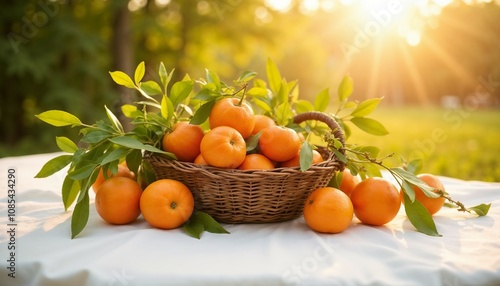 Basket of fresh oranges on table in sunny garden. 