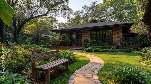 A brick house with a lush green lawn, a stone pathway, and a wooden bench.