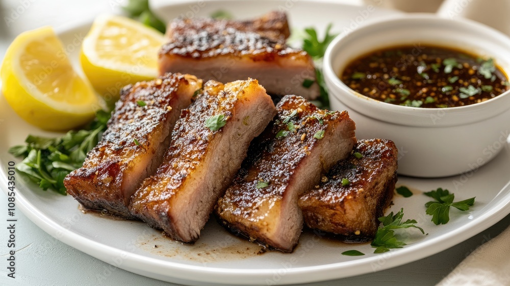 Crispy pork belly slices arranged on a white plate with a small bowl of savory dipping sauce, garnished with lemon wedges and herbs Crispy pork belly slices arranged on a white plate with a small bowl of savory dipping sauce, garnished with lemon wedges and herbs