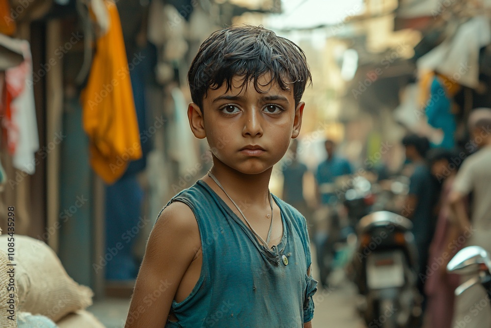 Fototapeta premium Resilience in Poverty: A Young Boy's Story in the Streets