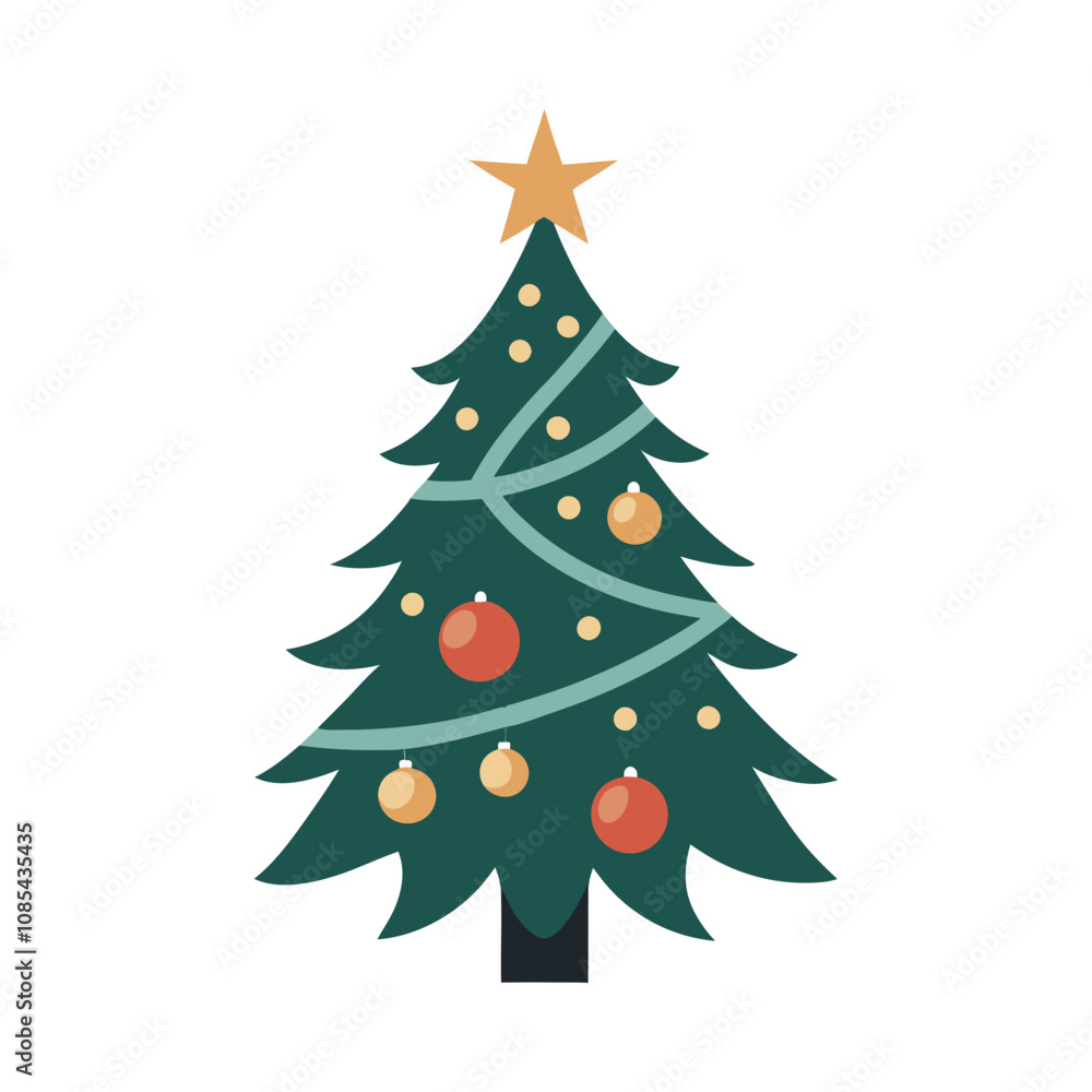 Silhouette of a Christmas tree with branches adorned with ornaments and a shining star on top. Silhouette of a Christmas tree with branches adorned with ornaments and a shining star on top.