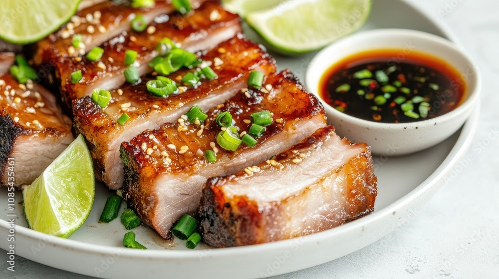 Crispy pork belly slices on a white plate, with a soy-based dipping sauce, green onion garnish, and lime wedges for added zest Crispy pork belly slices on a white plate, with a soy-based dipping sauce, green onion garnish, and lime wedges for added zest