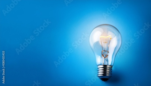 glowing incandescent light bulb on blue background with copy space