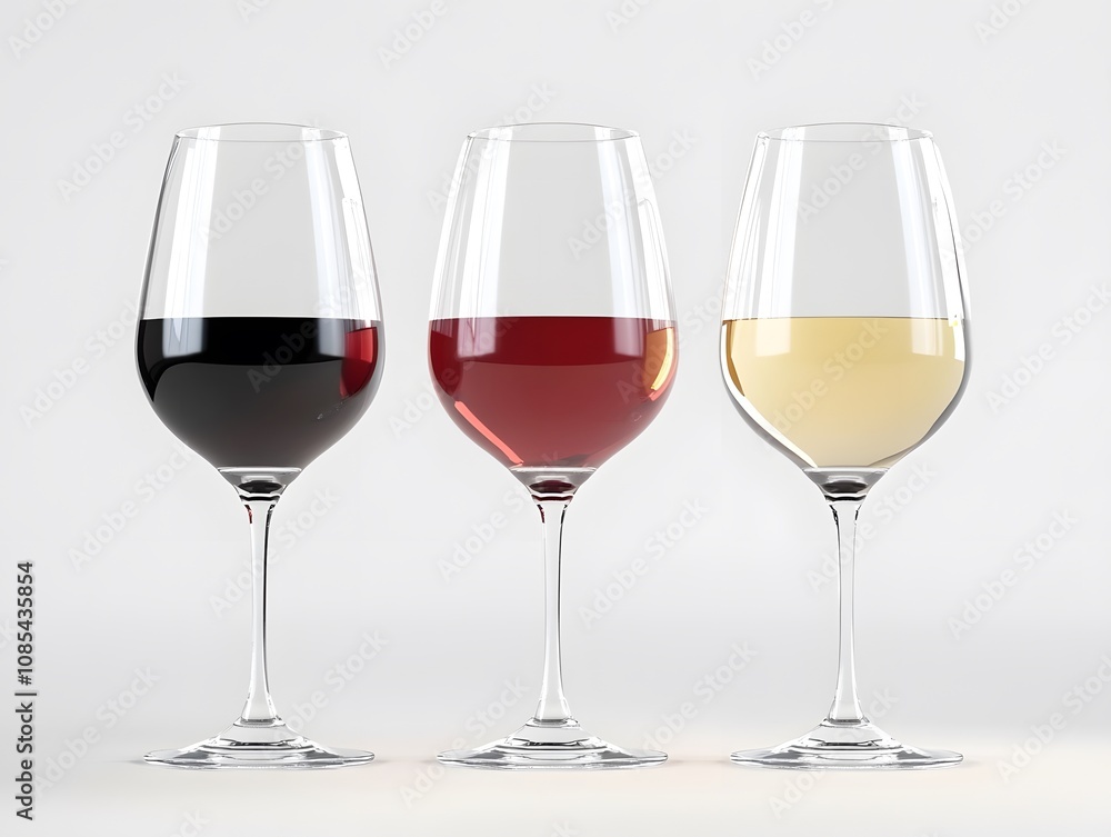 A row of three clear wine glasses filled with various wine, set on minimalist white background. AI generative image. A row of three clear wine glasses filled with various wine, set on minimalist white background. AI generative image.