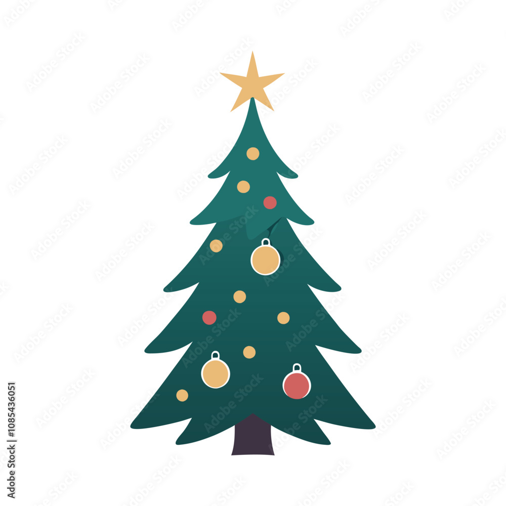 Silhouette of a Christmas tree with branches adorned with ornaments and a shining star on top. Silhouette of a Christmas tree with branches adorned with ornaments and a shining star on top.