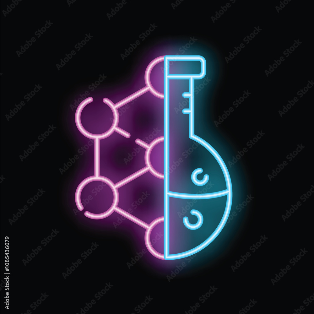 Neon icon of a chemical flask and molecule structure representing biotechnology and chemical research Neon icon of a chemical flask and molecule structure representing biotechnology and chemical research