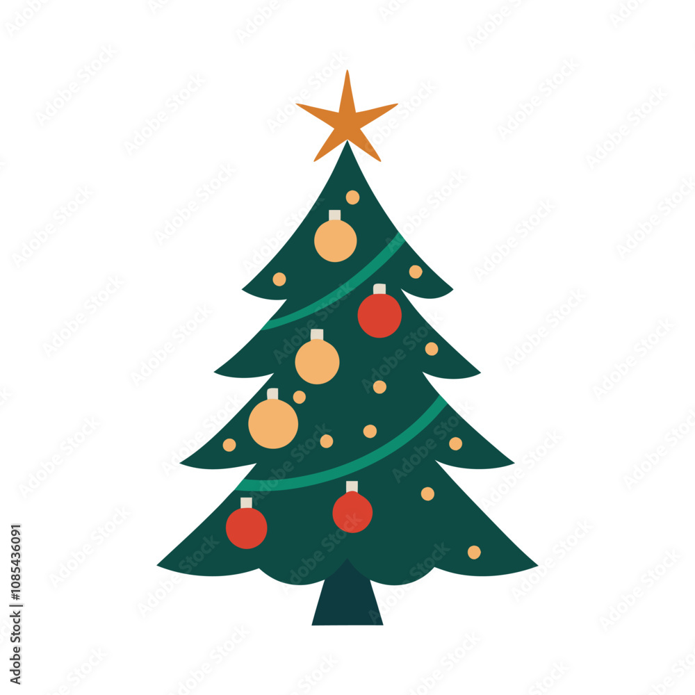 Silhouette of a Christmas tree with branches adorned with ornaments and a shining star on top.