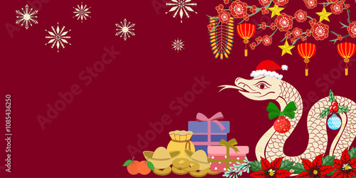 Merry christmas and happy new year decorated with golden snake wearing a red hat and others on red background.