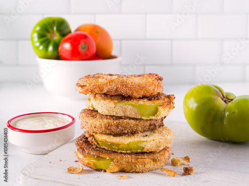 Obraz na plátně US southern food of fried green tomatoes in a kitchen scene with dipping sauce;